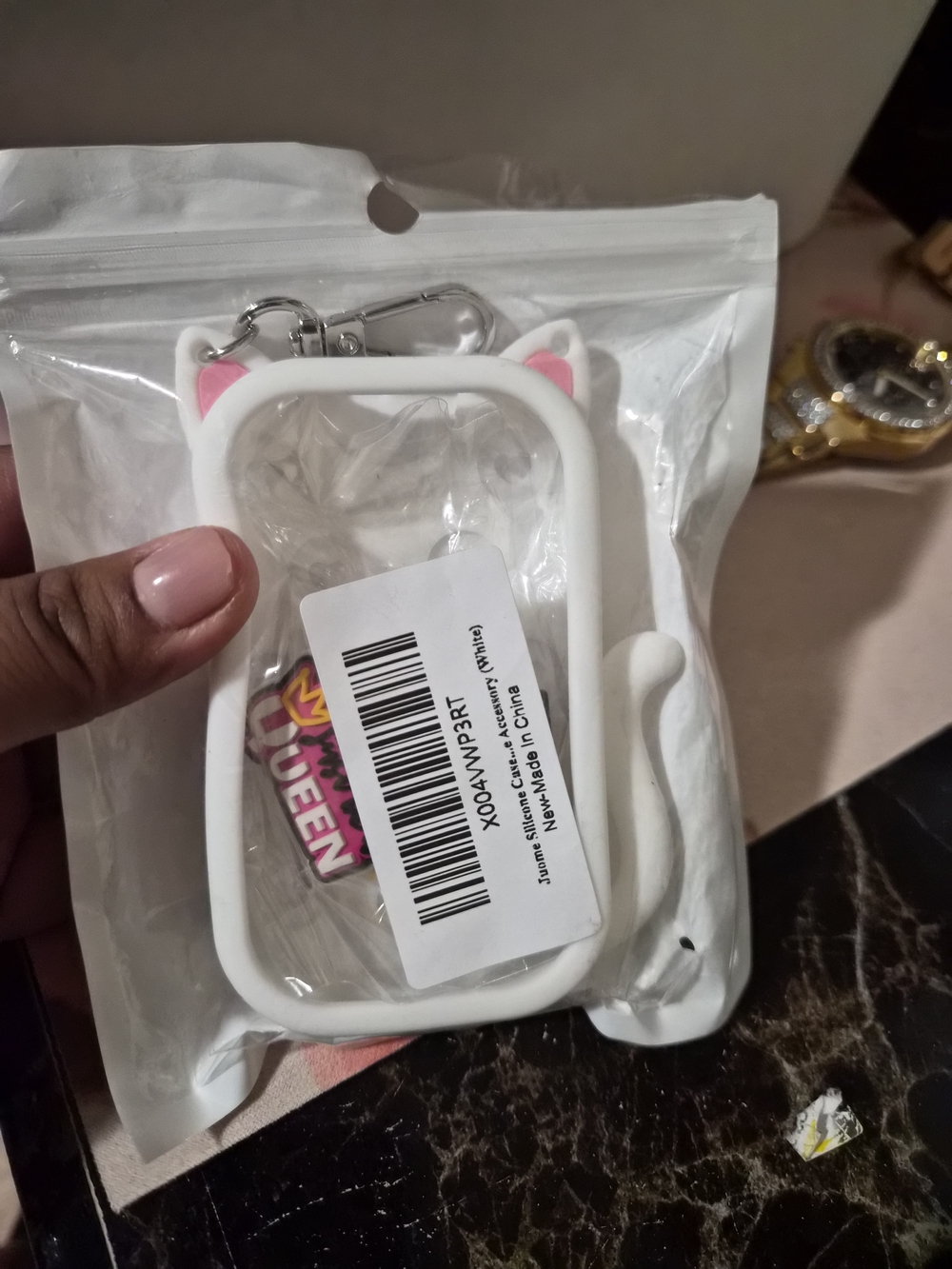 Cute White Cat AirTag/Keychain Holder with Pink Ear Accents